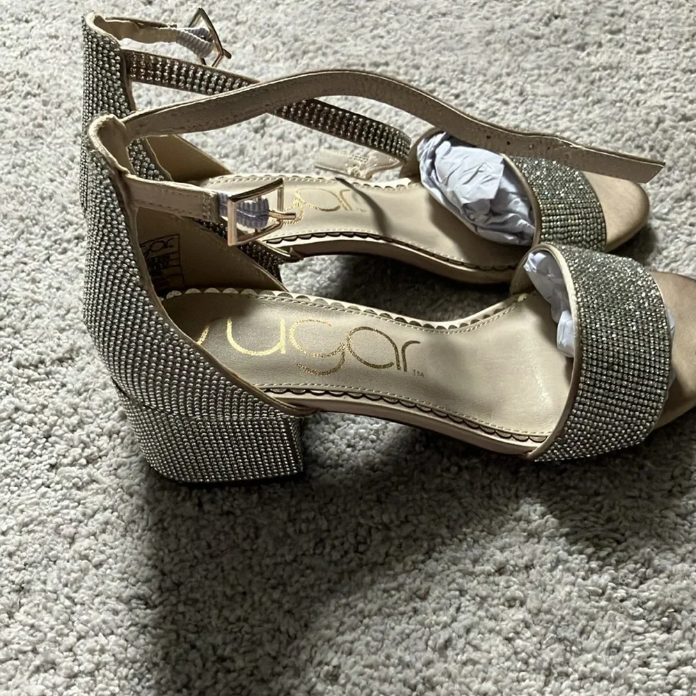 Sugar Silver Shiny Rhinestone Heels Satin Cream inside shoe 7.5 - Picture 2 of 5